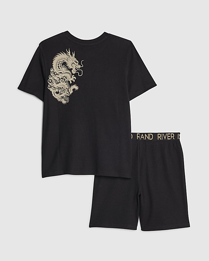 Boys Black Japanese Waffle Pyjama Short Set
