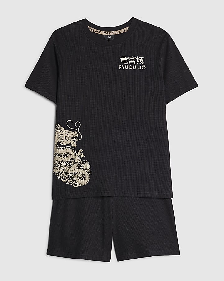 Boys Black Japanese Waffle Pyjama Short Set