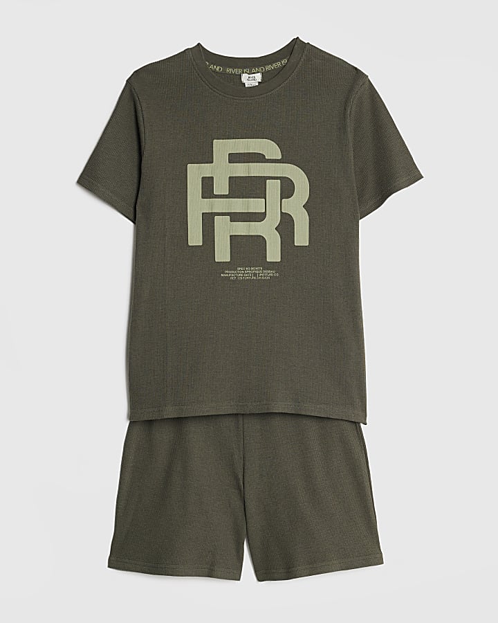 Boys Khaki RR Waffle T-Shirt Pyjama Set