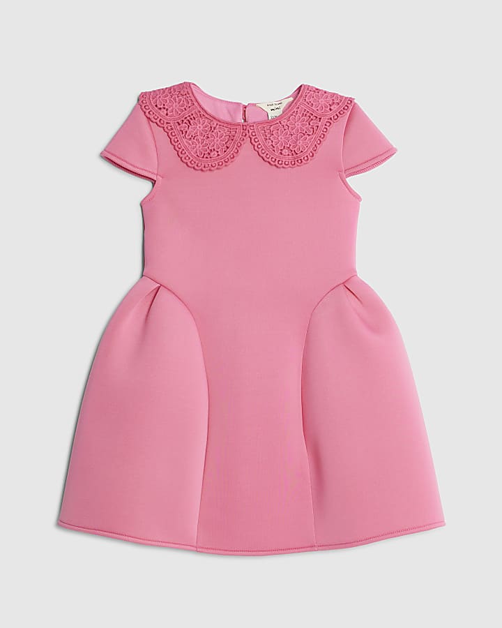 Mini Girls Pink Lace Collar Bow Back Dress