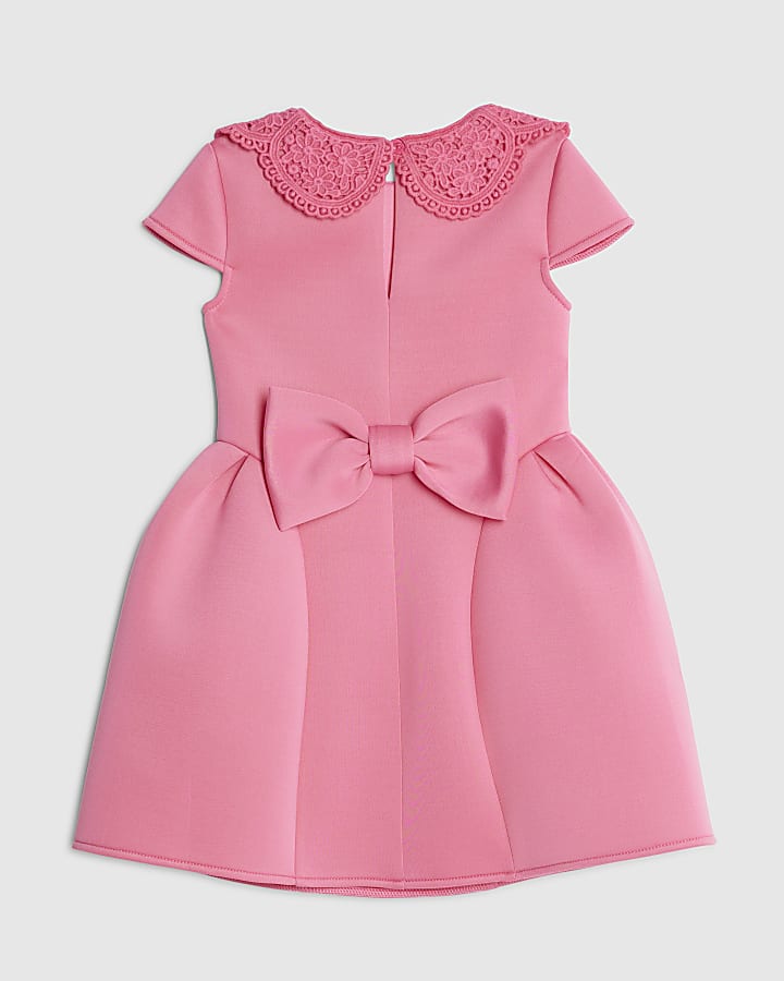 Mini Girls Pink Lace Collar Bow Back Dress