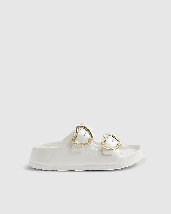 Girls White Heart Buckle Moulded Sliders
