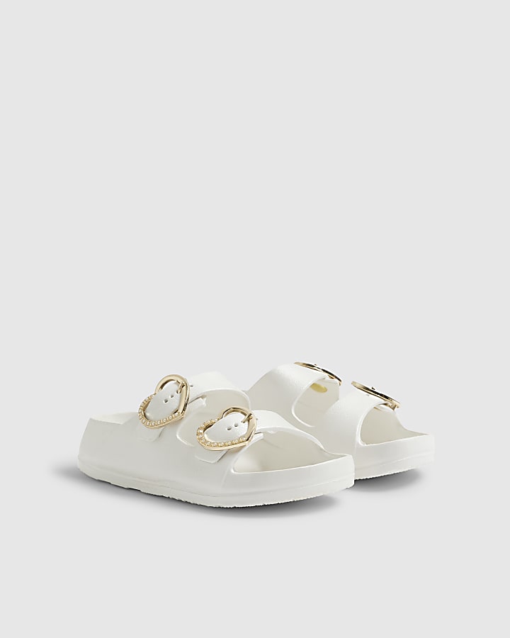 Girls White Heart Buckle Moulded Sliders