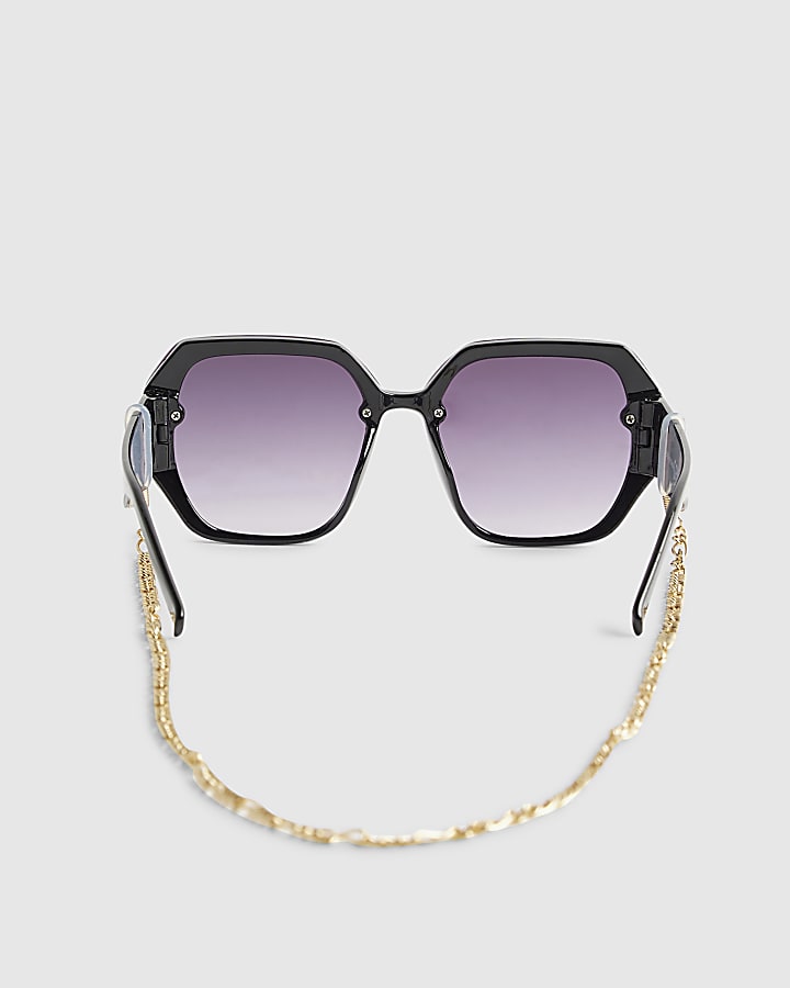 Girls Black Hexagon Sunglasses With Chain