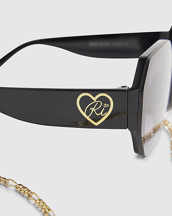 Girls Black Hexagon Sunglasses With Chain