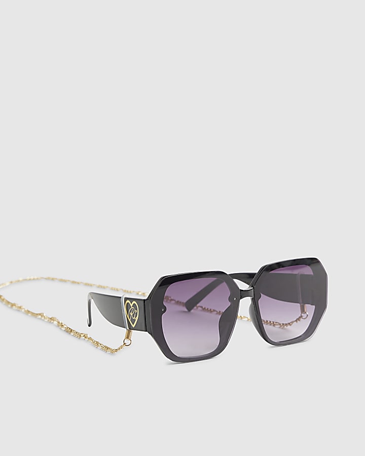 Girls Black Hexagon Sunglasses With Chain