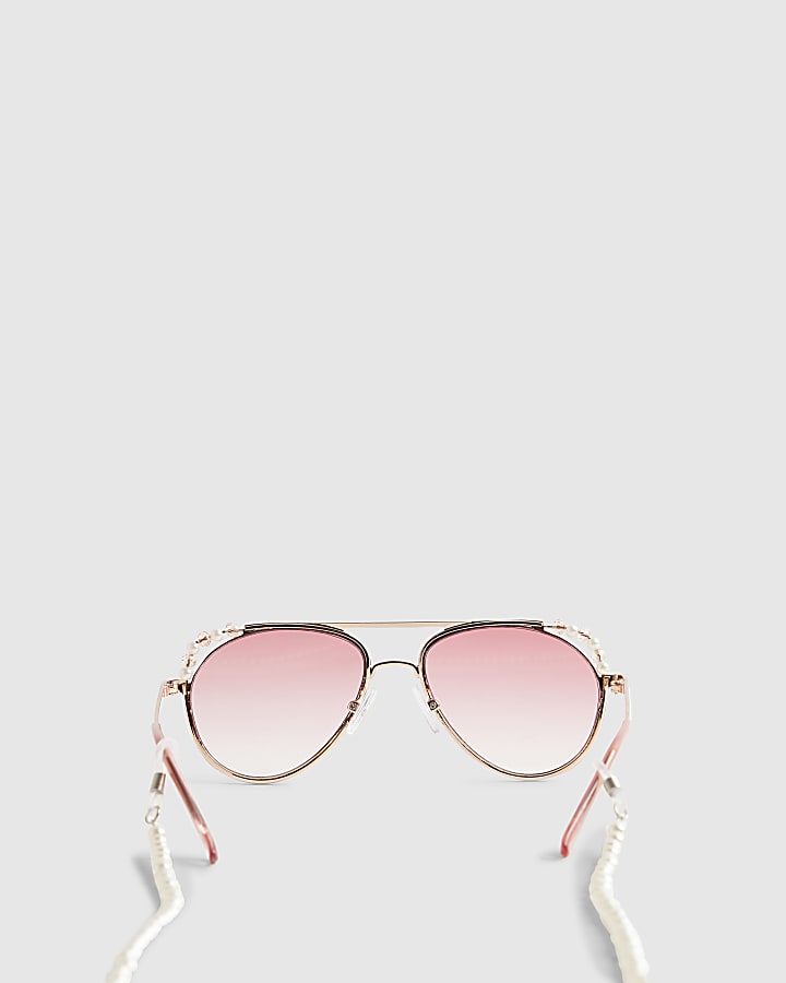 Girls Pink Aviator Sunglasses Pearl Chain 