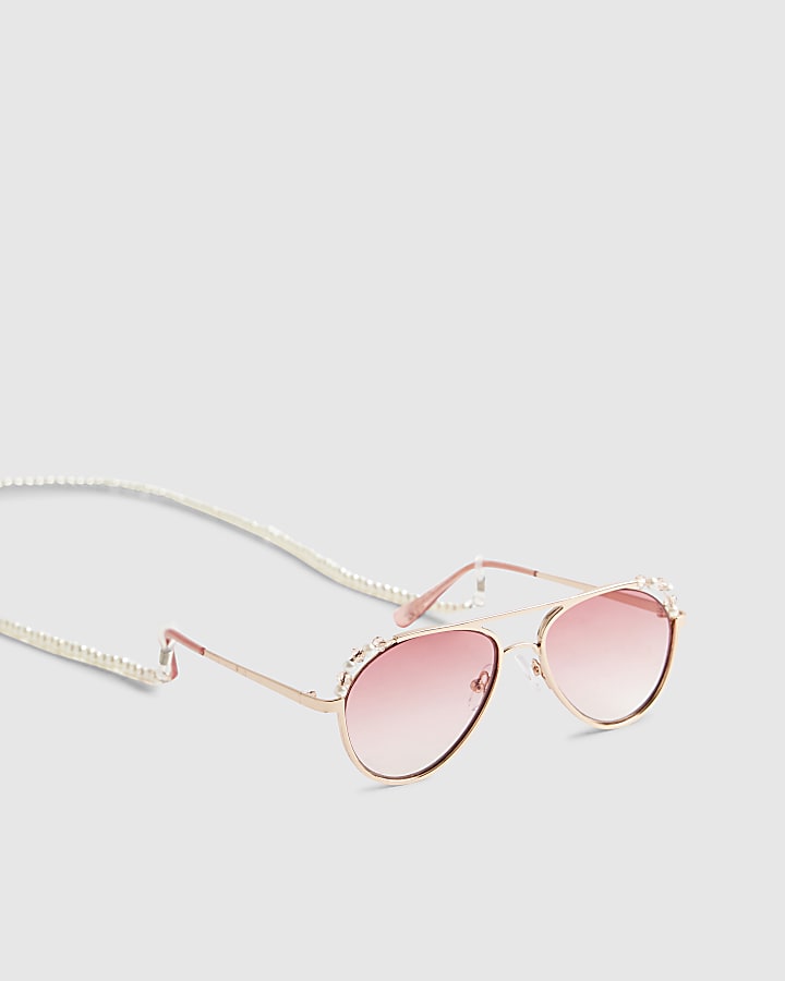 Girls Pink Aviator Sunglasses Pearl Chain 