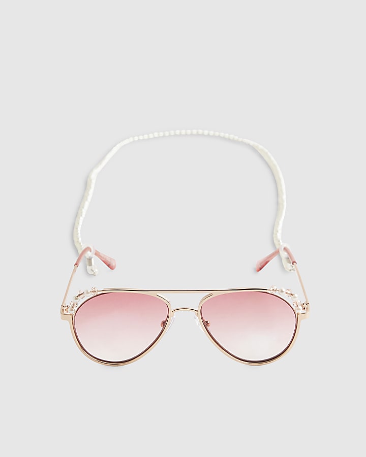 Girls Pink Aviator Sunglasses Pearl Chain 