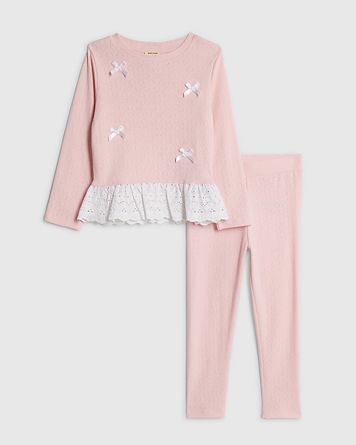 Mini Girls Pink Pointelle 3D Bow Top Set