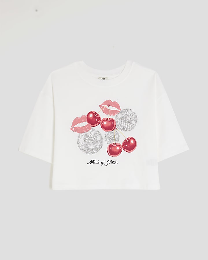 Girls White Disco Cherry Lips T-Shirt