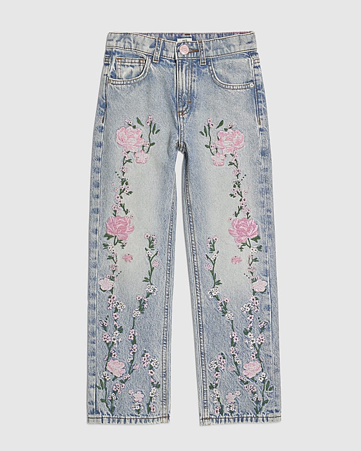 Girls Pink Floral Straight Jeans