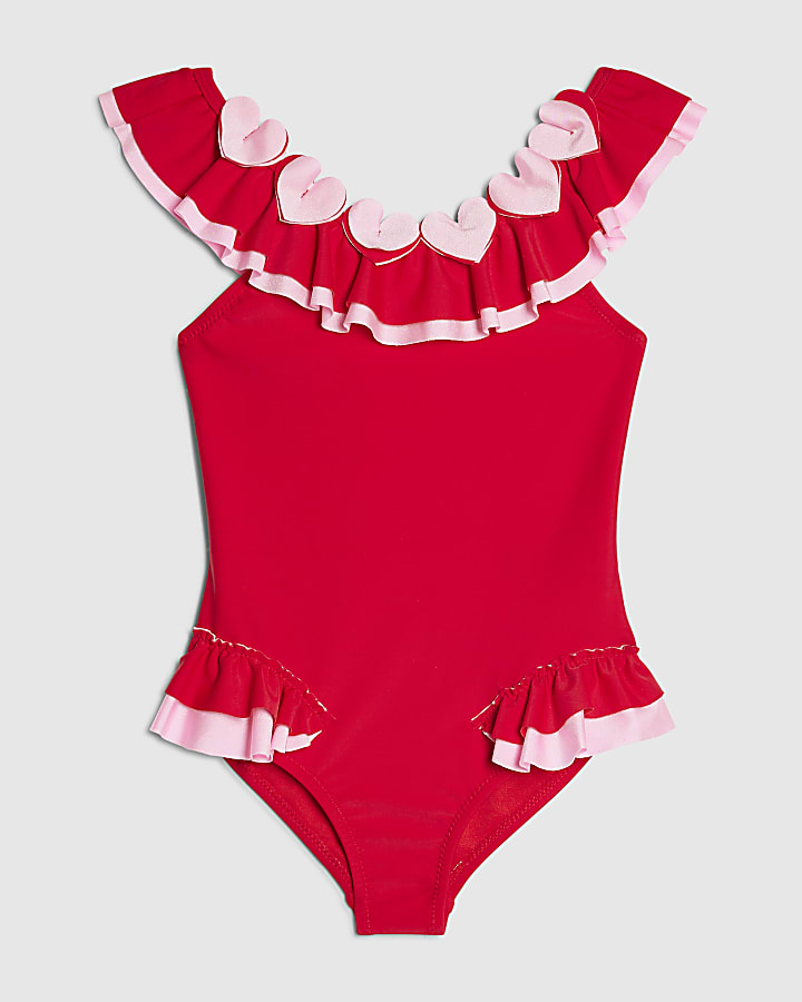 Mini Girls Red Heart Frill Swimsuit
