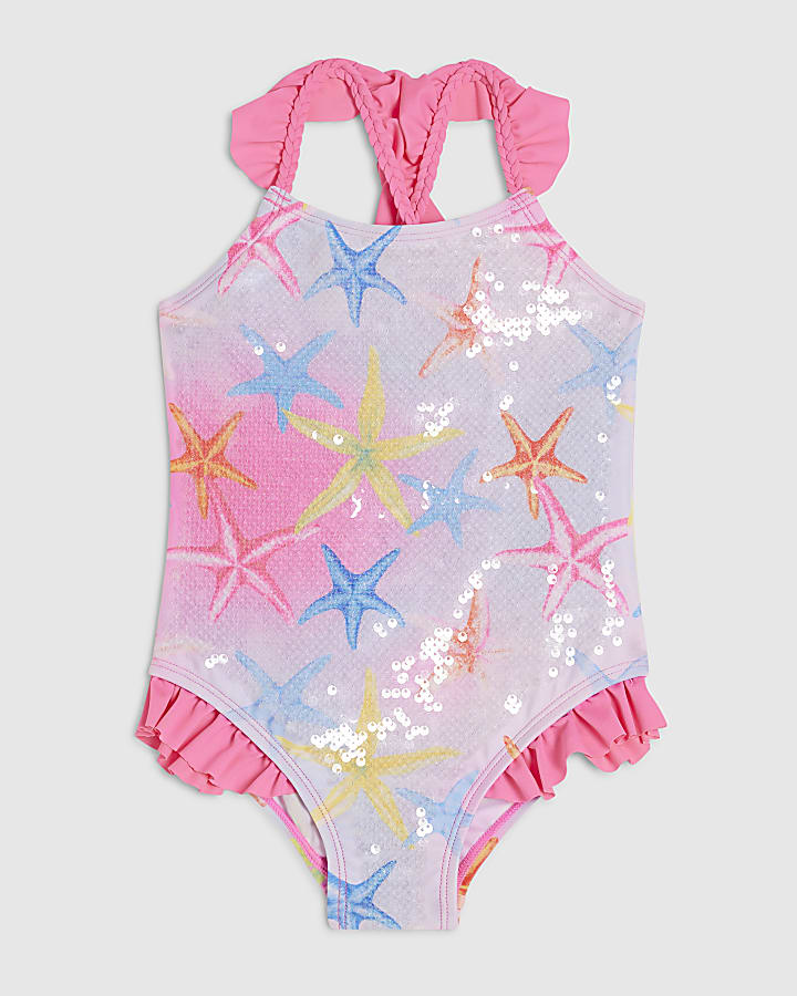 Mini Girls Pink Starfish Sequin Swimsuit