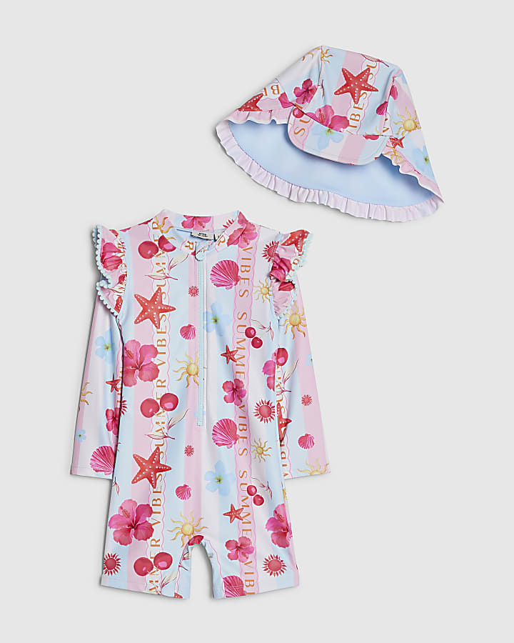 Mini Girls Blue Stripe La Mer Rashsuit Set