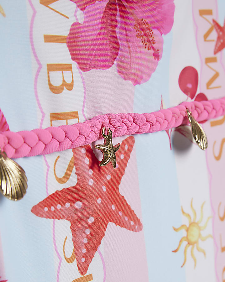 Mini Girls Pink Stripe Beach Print Swimsuit