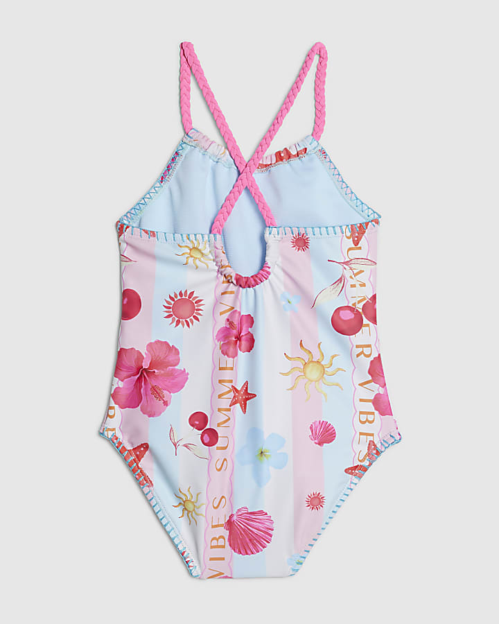 Mini Girls Pink Stripe Beach Print Swimsuit