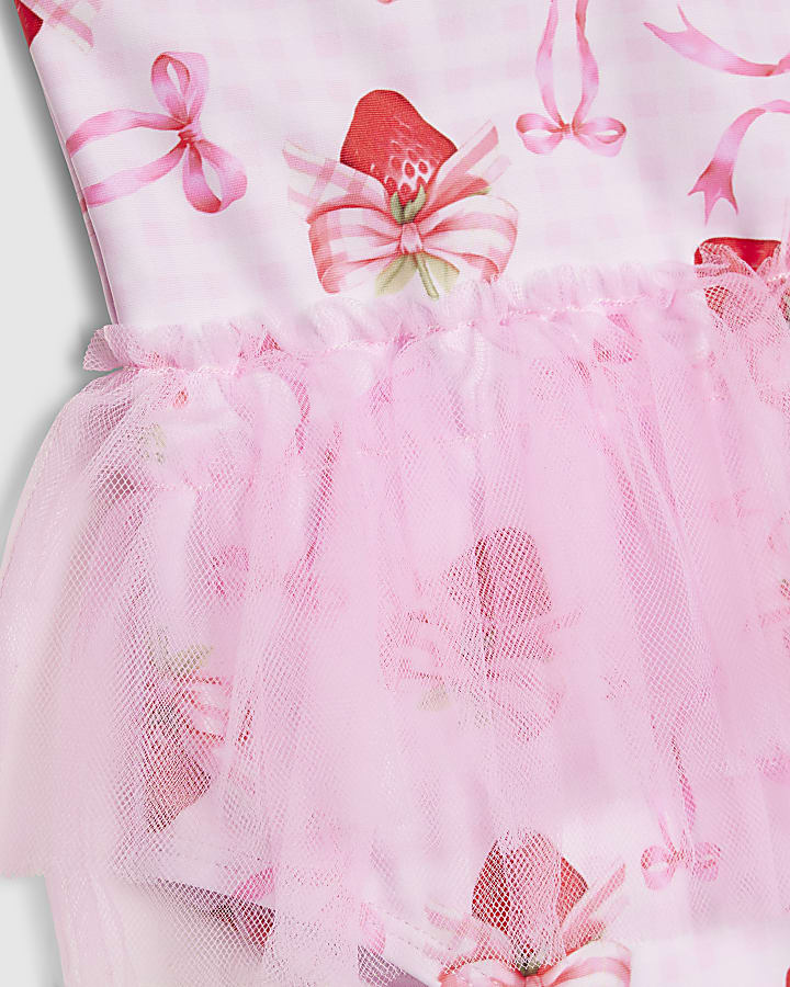 Mini Girls Pink Strawberry Bow Tutu Swimsuit