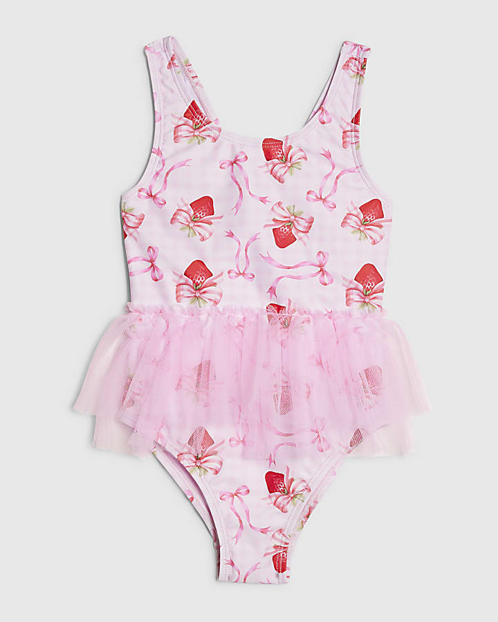 Mini Girls Pink Strawberry Bow Tutu Swimsuit