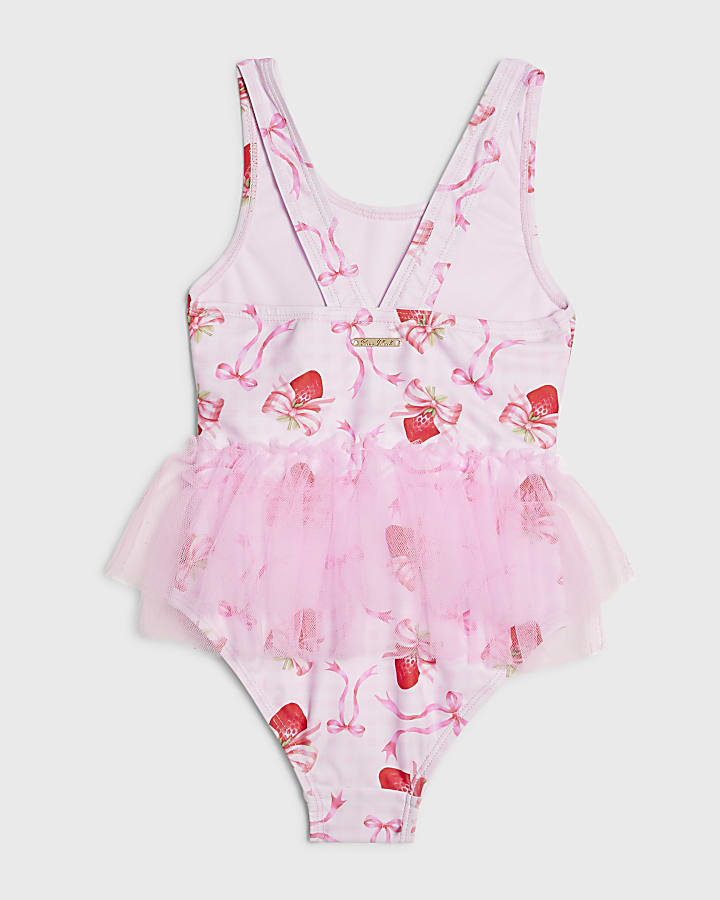 Mini Girls Pink Strawberry Bow Tutu Swimsuit