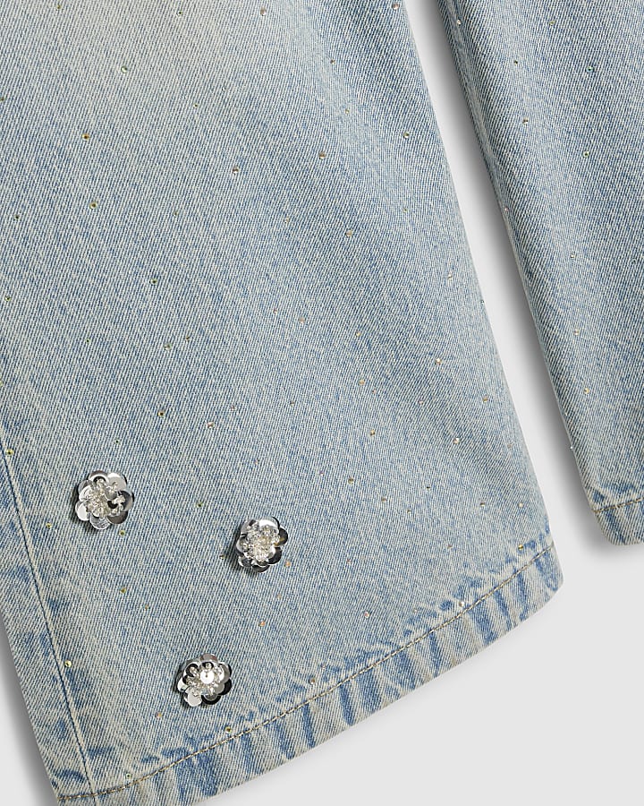 Girls Blue Denim Embellished Waistcoat Set