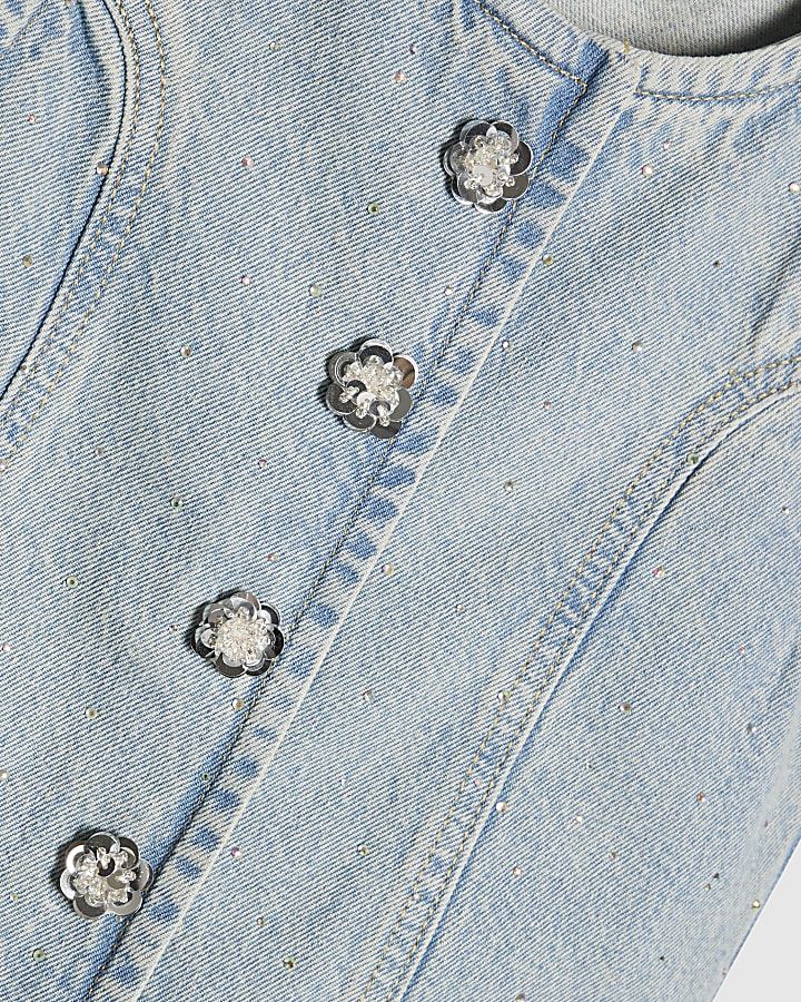 Girls Blue Denim Embellished Waistcoat Set