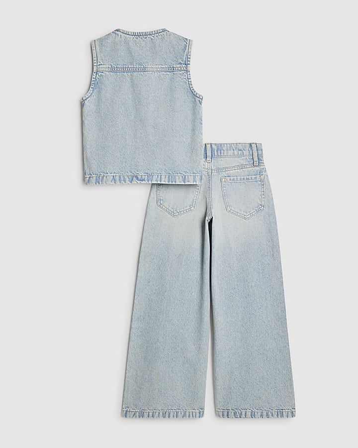 Girls Blue Denim Embellished Waistcoat Set