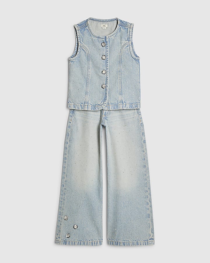Girls Blue Denim Embellished Waistcoat Set