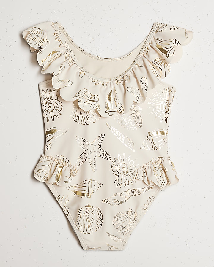Mini Girls Cream Gold Foil Shell Swimsuit