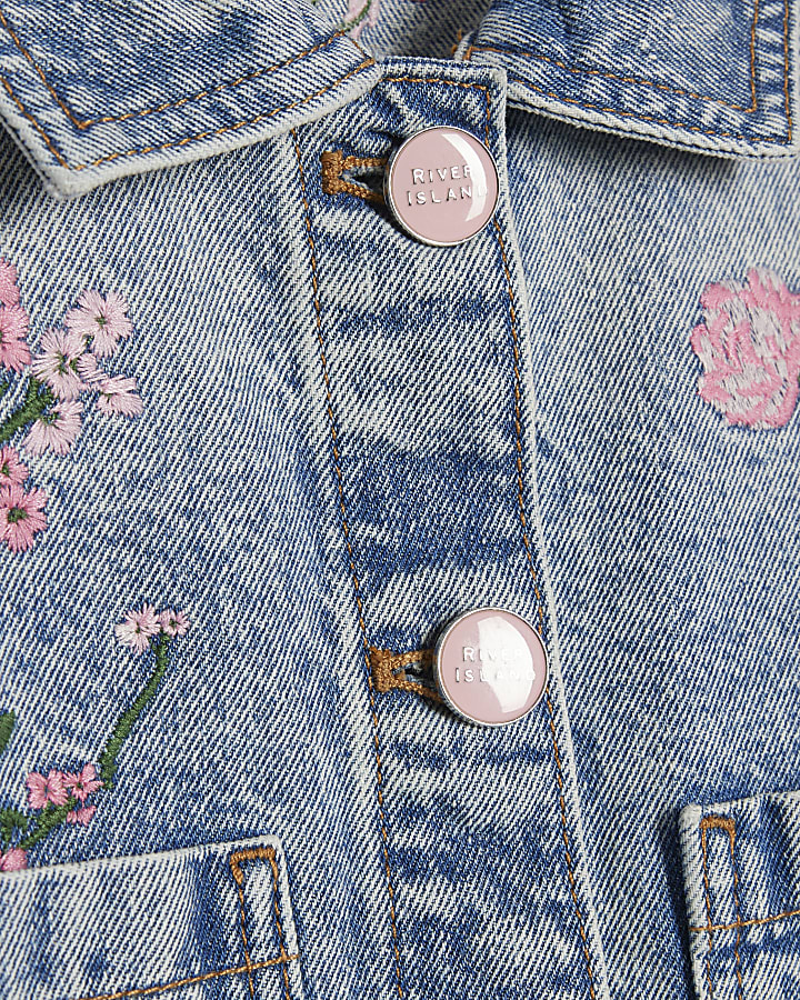 Girls Blue Pink Floral Denim Jacket