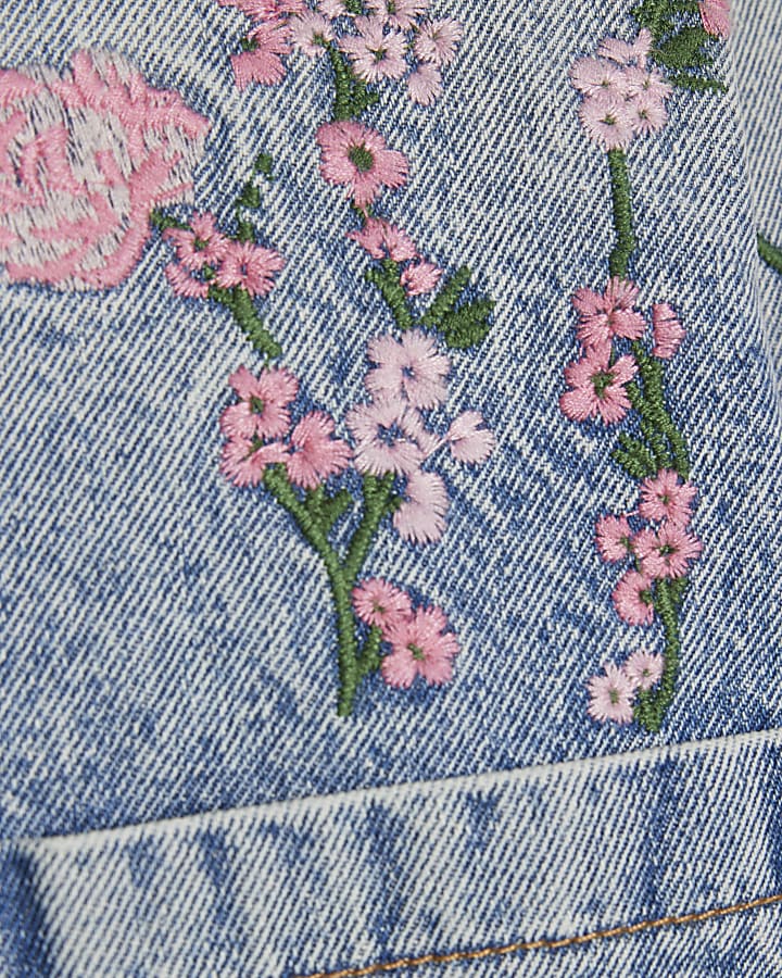 Girls Blue Pink Floral Denim Jacket