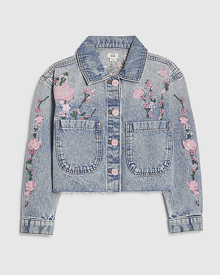 Girls Blue Pink Floral Denim Jacket