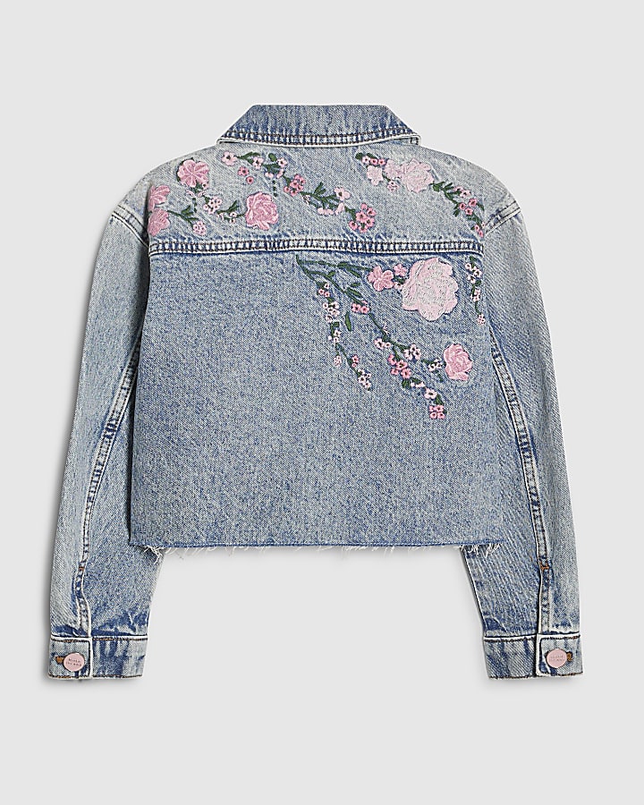Girls Blue Pink Floral Denim Jacket