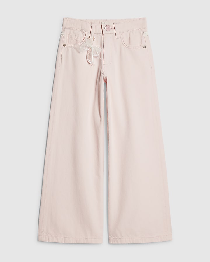 Girls Pink Lace With Keyring Wide Leg Jeans