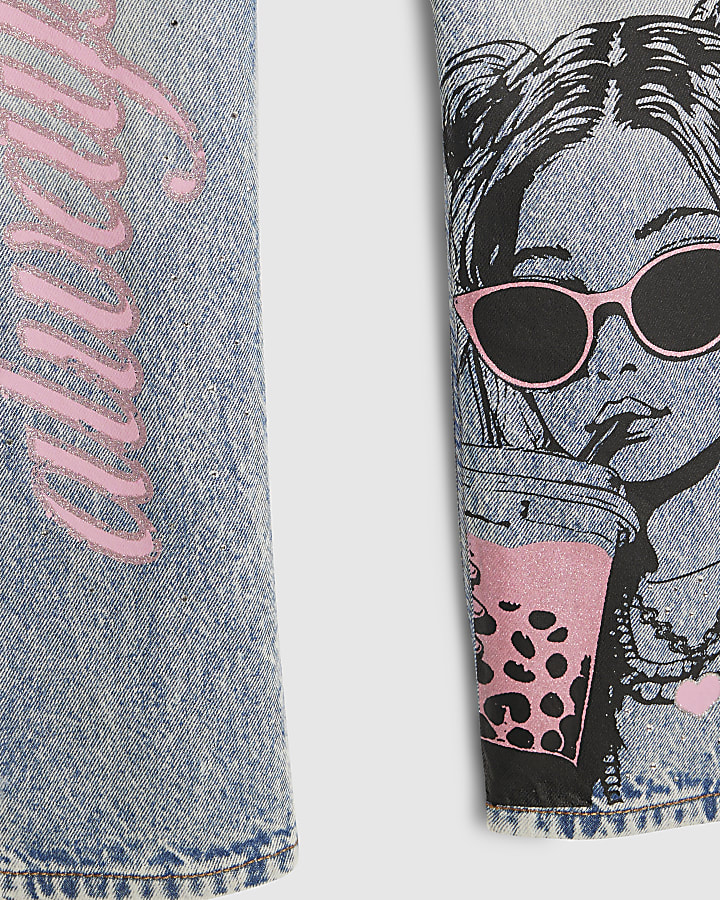Girls Blue Graffiti Pom Straight Leg Jeans