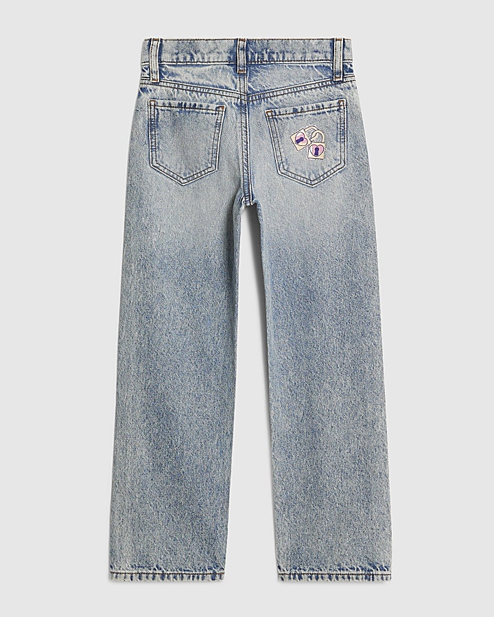 Girls Blue Graffiti Pom Straight Leg Jeans