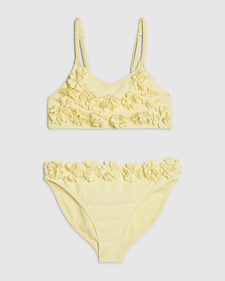 Girls Yellow 3D Flower Bikini Set