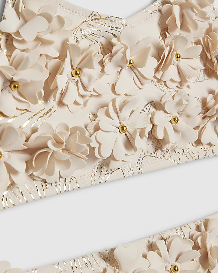 Girls Cream Gold Foil 3D Flower Bikini Set