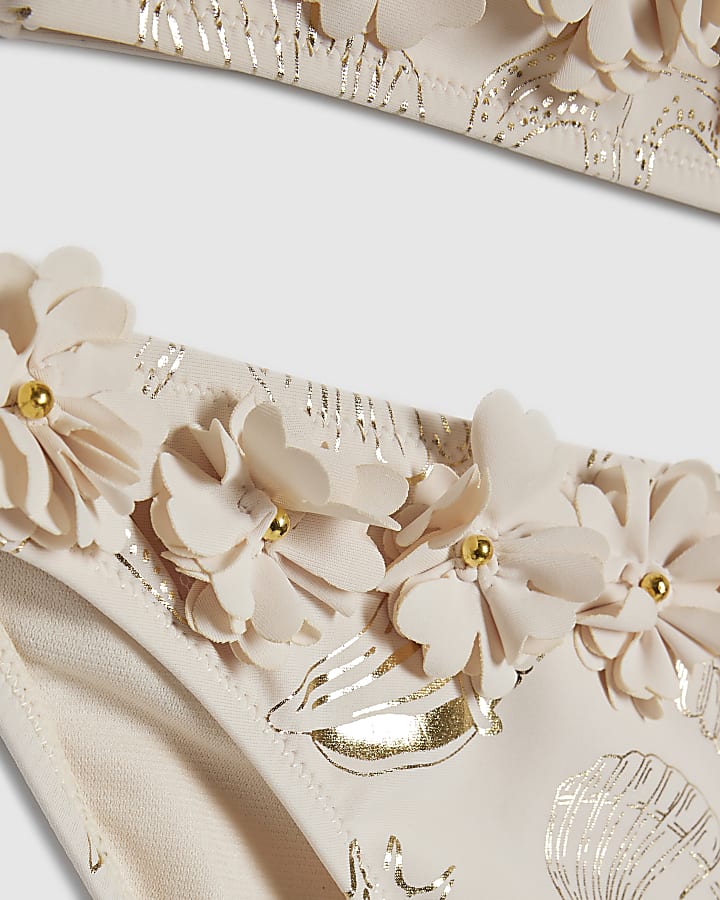 Girls Cream Gold Foil 3D Flower Bikini Set