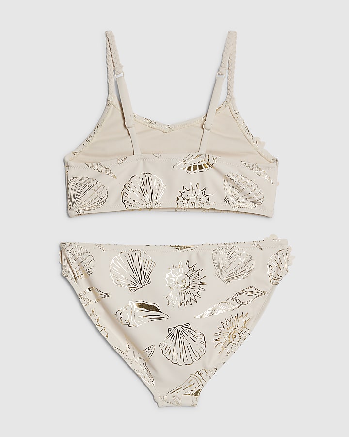 Girls Cream Gold Foil 3D Flower Bikini Set