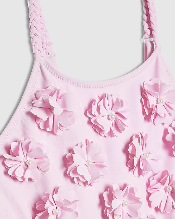 Girls Pink 3D Floral Swimsuit