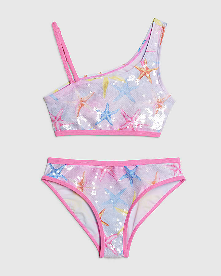 Girls Blue Sequin Starfish Bikini Set