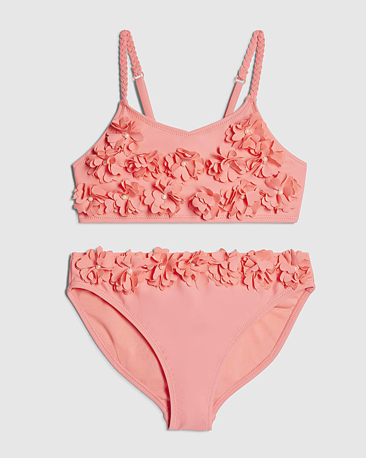 Girls Pink 3D Flower Bikini Set