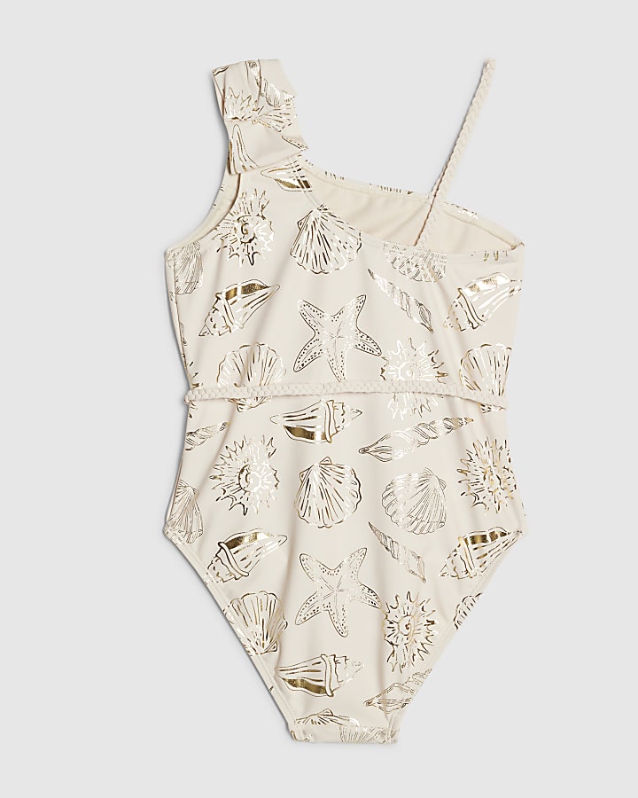 Girls Cream Foil Shell Swimsuit