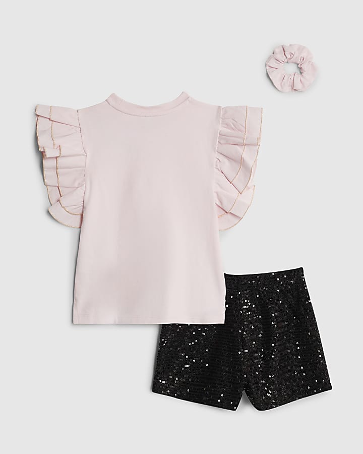 Mini Girls Pink Frill Sleeve Sequin Short Set