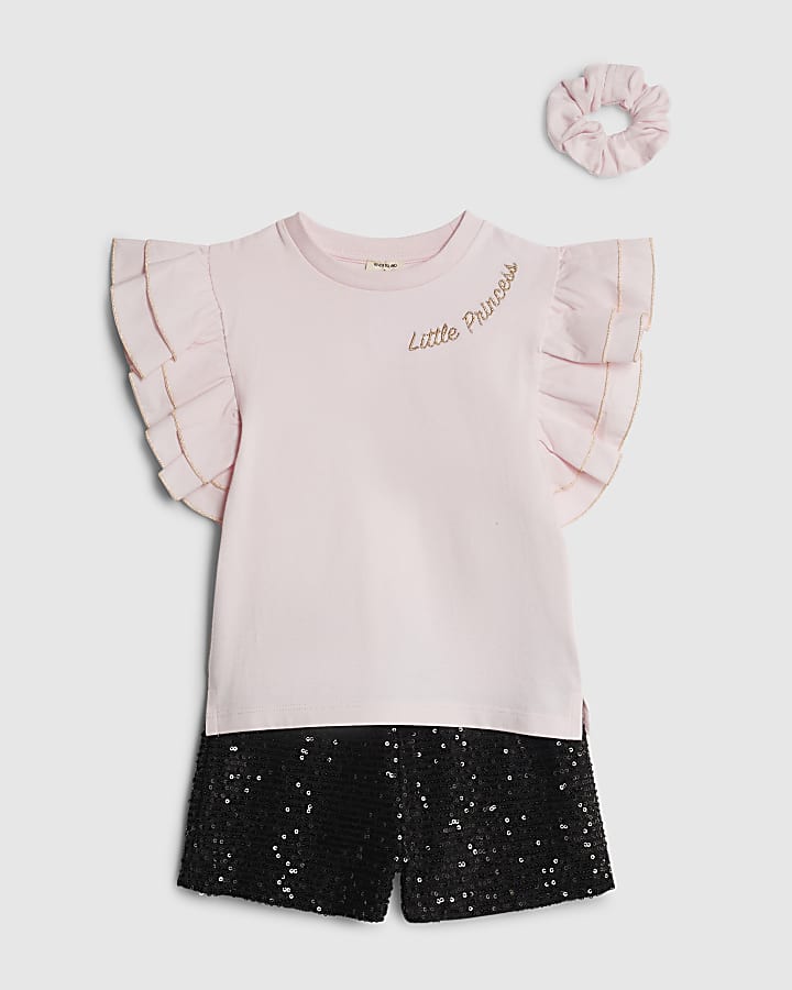 Mini Girls Pink Frill Sleeve Sequin Short Set