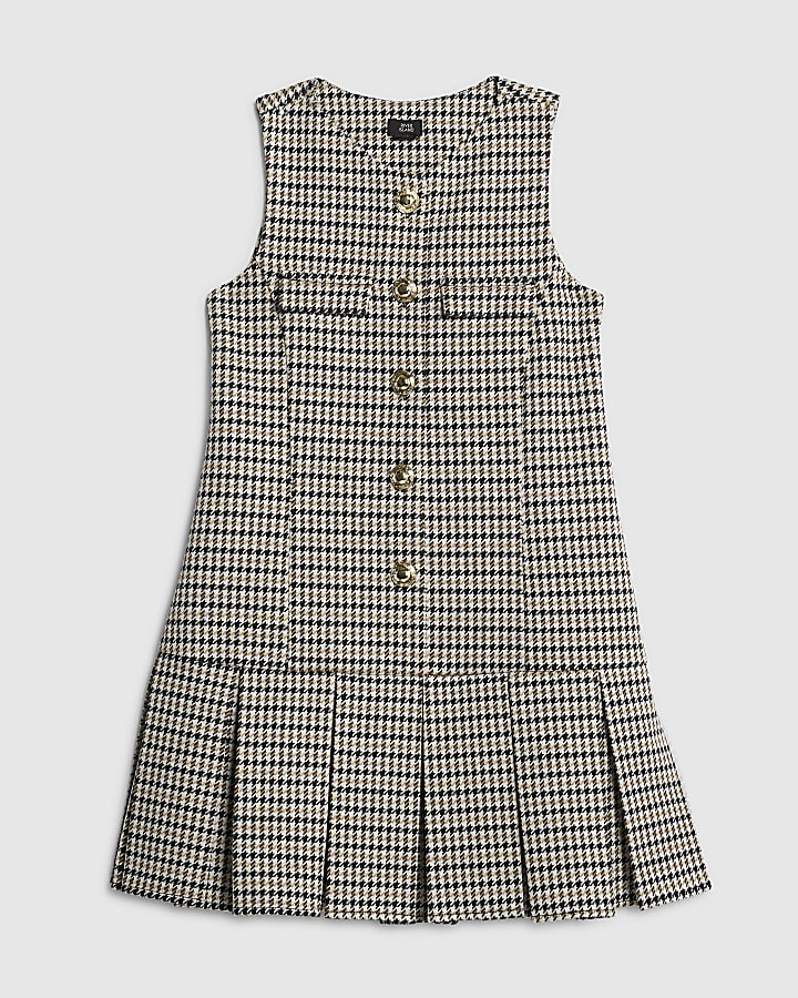 Girls Beige Houndstooth Pinafore Dress