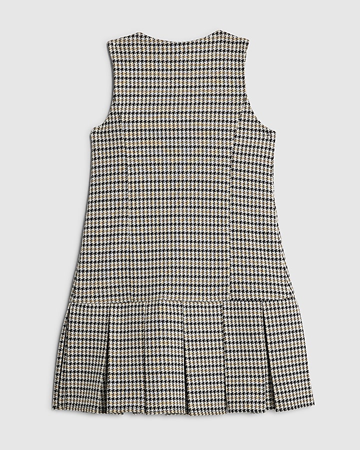 Girls Beige Houndstooth Pinafore Dress