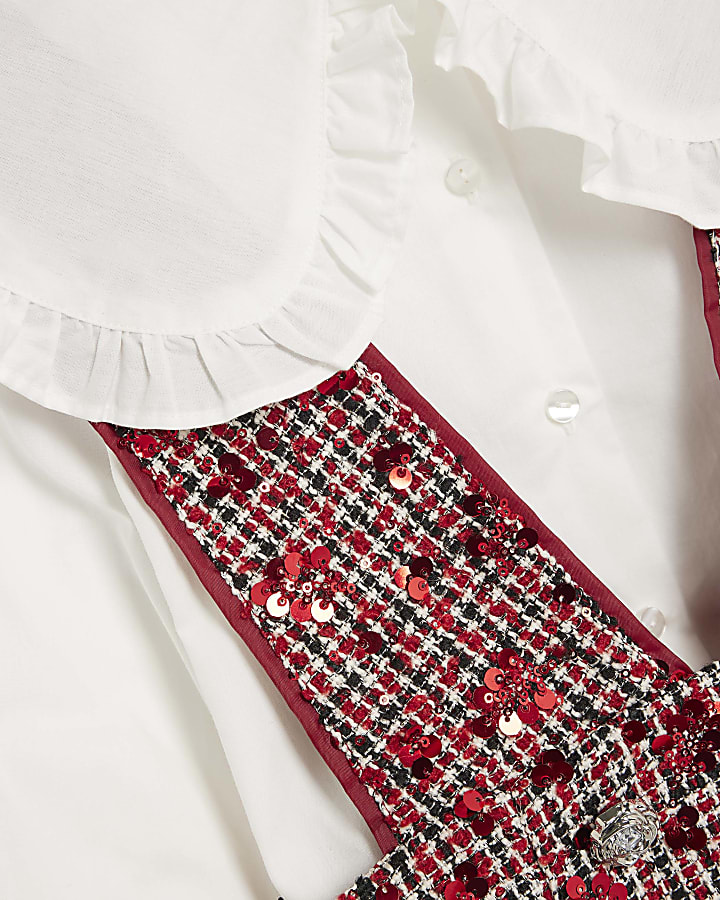 Girls Red Boucle Pinafore Shirt Dress