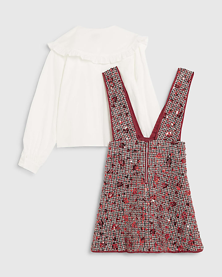 Girls Red Boucle Pinafore Shirt Dress